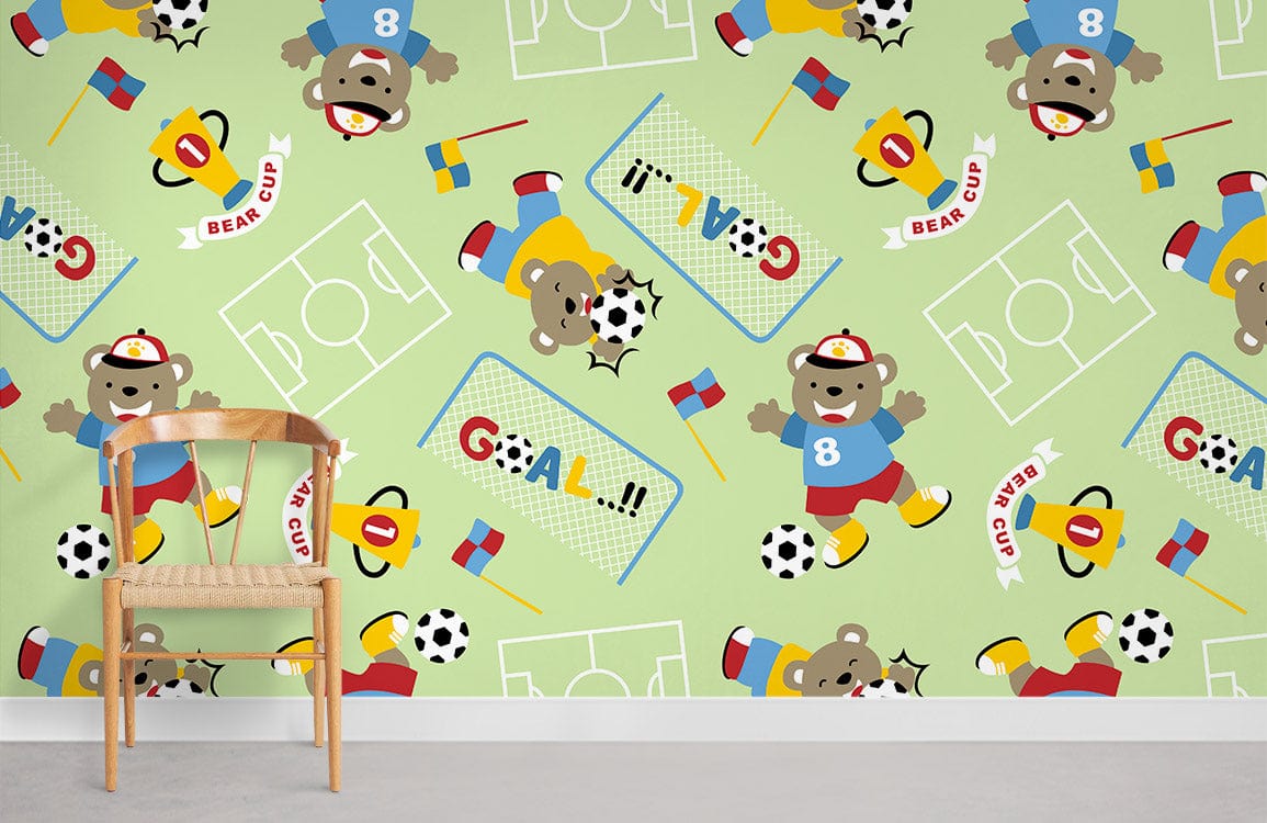 Playful Bear Football Wallpaper for Kids' Rooms on Green Background, Wooden Chair, Light Grey Flooring.