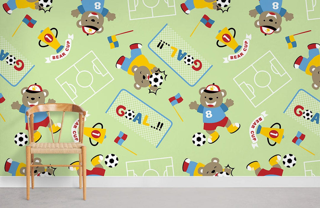 Playful Bear Football Wallpaper for Kids' Rooms on Green Background, Wooden Chair, Light Grey Flooring.