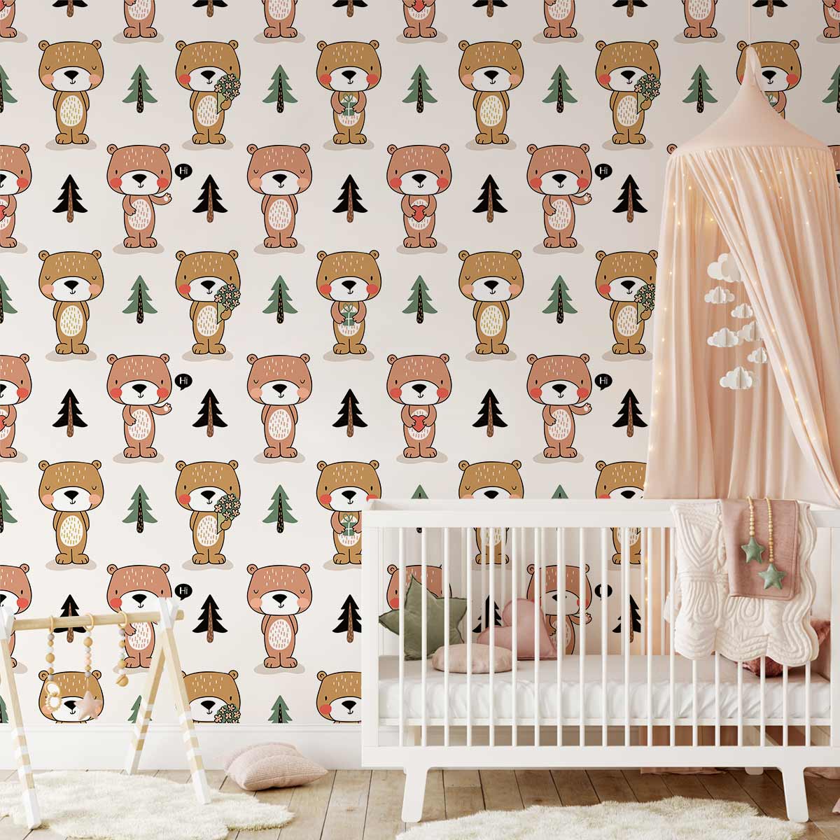 Charming nursery wallpaper with woodland bears, white cot, canopy, and wooden flooring in earthy tones.