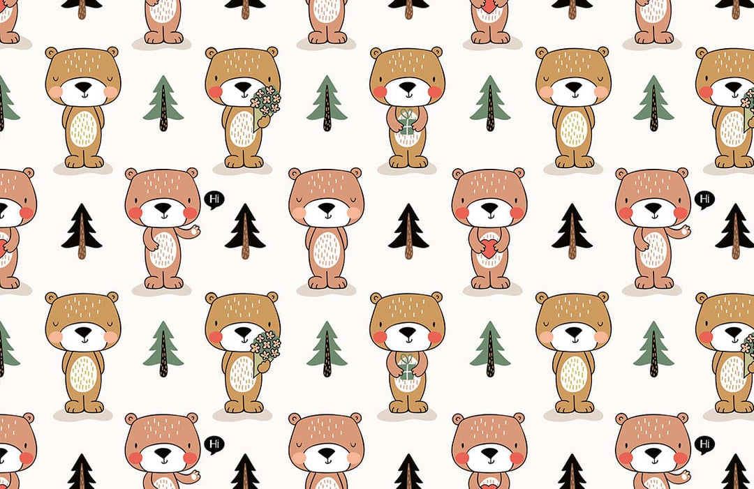 Charming Woodland Bears and Trees Nursery Wallpaper in Earthy Tones Pattern