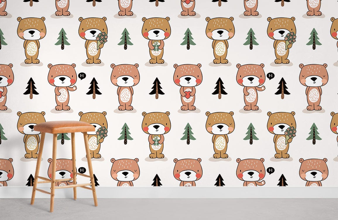 Charming Woodland Bears Nursery Wallpaper in earthy tones with wooden stool and grey flooring in nursery.