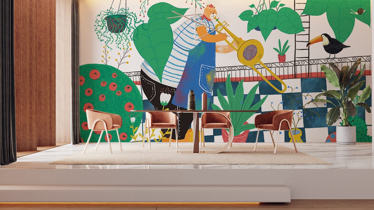 Colourful trombone mural wallpaper with tropical foliage, modern dining room, brown chairs, white flooring.