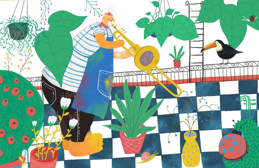 Colourful Jazz Garden Mural Wallpaper with Trombone and Tropical Foliage