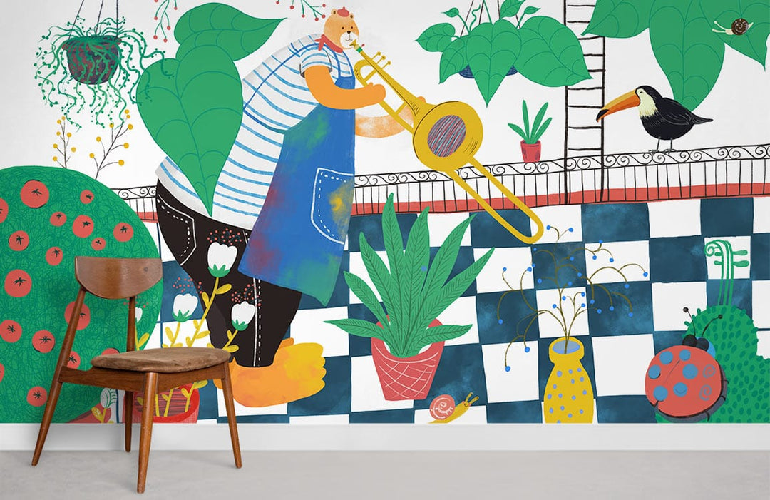 Colourful Jazz Garden mural wallpaper features trombone, tropical foliage, checkered floor, wooden chair, white wall.