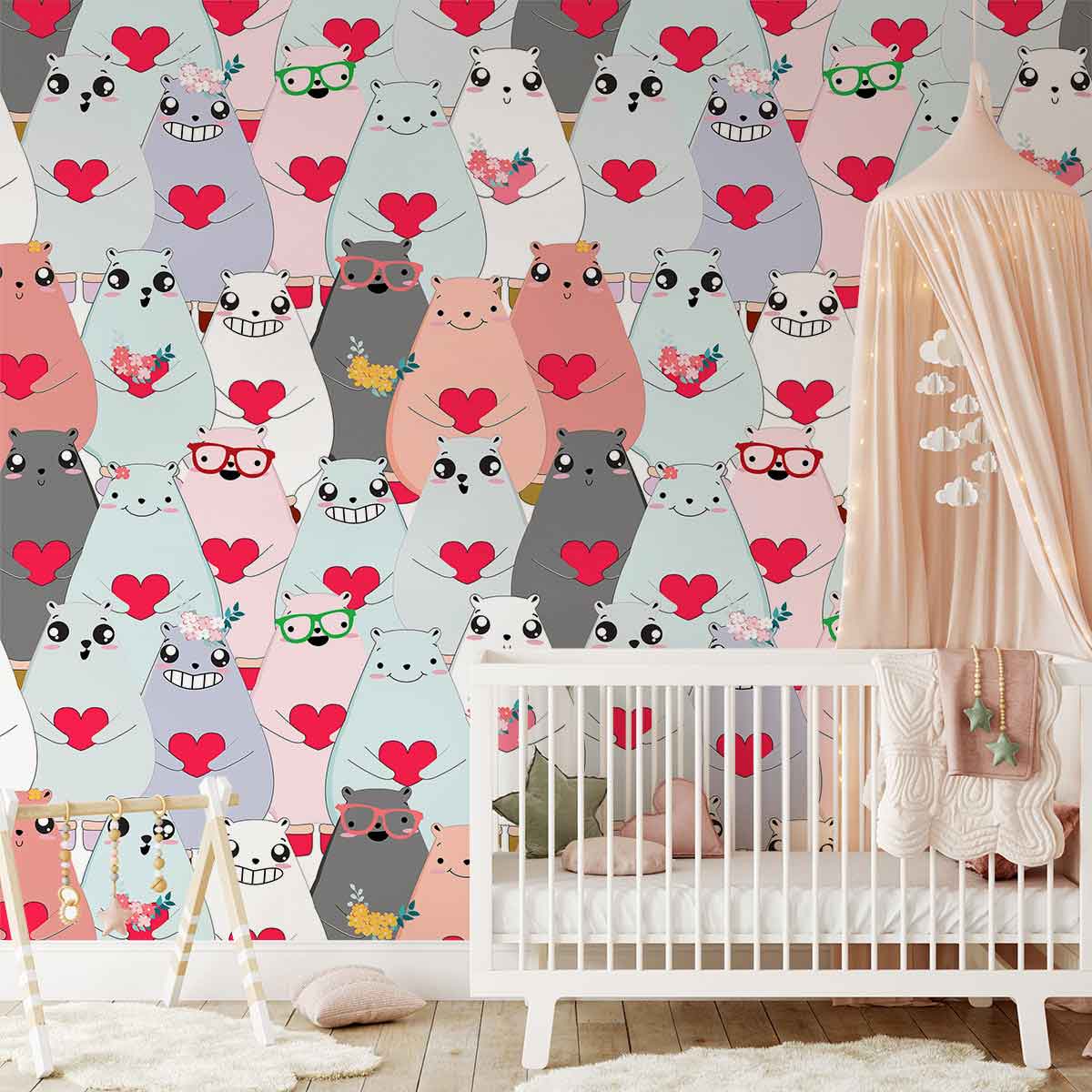 Adorable pastel bear mural wallpaper, nursery room, white crib, canopy, wooden floor, heart design.