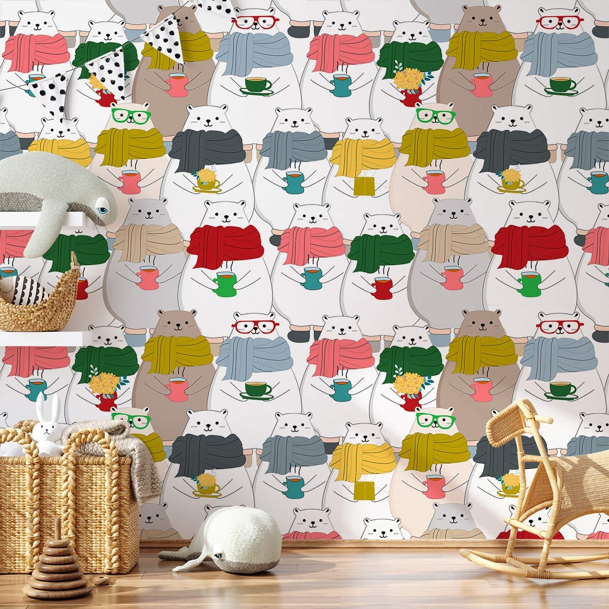 Cosy Winter Bears Patterned Wallpaper with bears in scarves, children's room, wooden floor, playful decor.