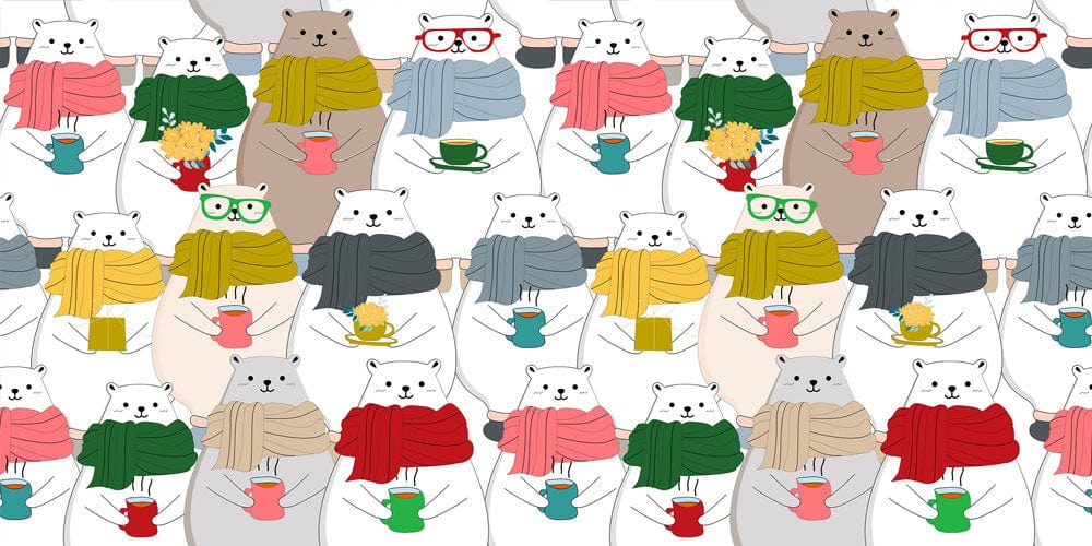 Cosy Winter Bears Patterned Wallpaper with Scarves and Hot Drinks Delight