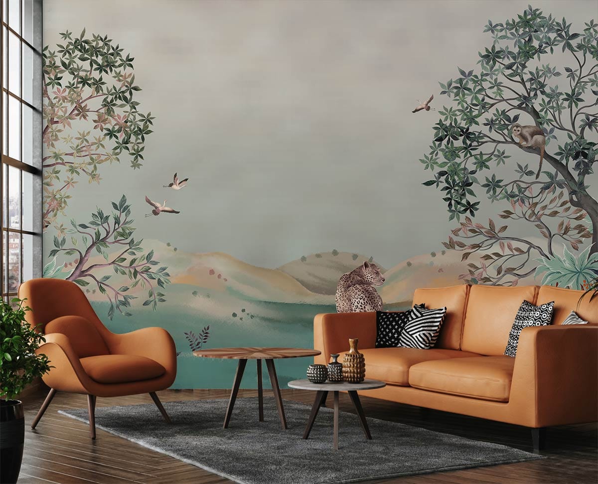 Exotic Jungle Safari Mural Wallpaper with brown sofa, armchair, wooden flooring, and wildlife design.