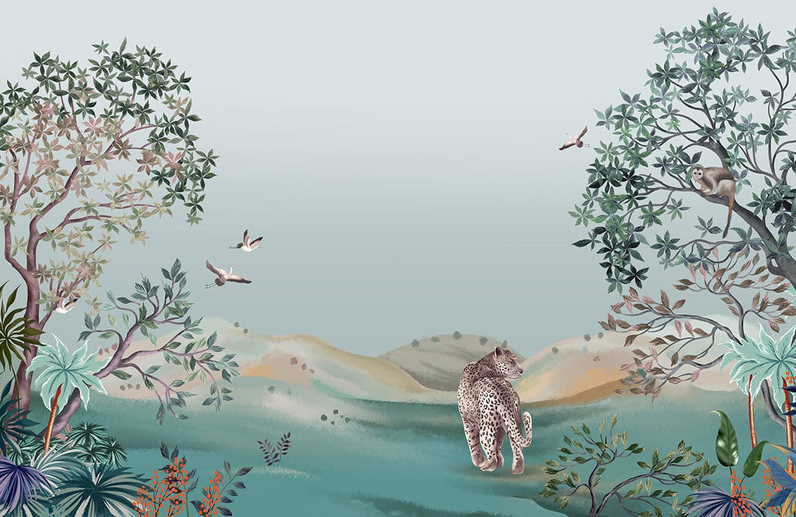 Exotic Jungle Safari Mural Wallpaper with Lush Greenery and Wildlife Design