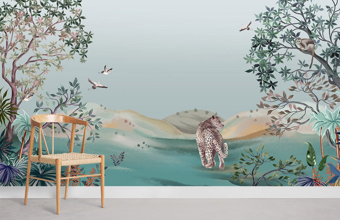 Exotic Jungle Safari Mural with wildlife; wooden chair, grey flooring in living room setting.