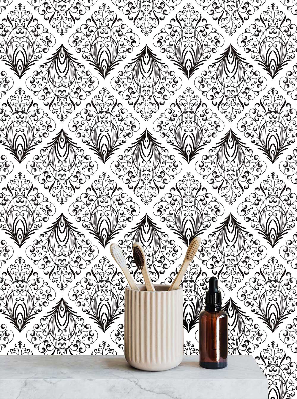 Elegant Monochrome Damask Wallpaper in classic pattern, marble countertop, toothbrush holder, amber bottle.
