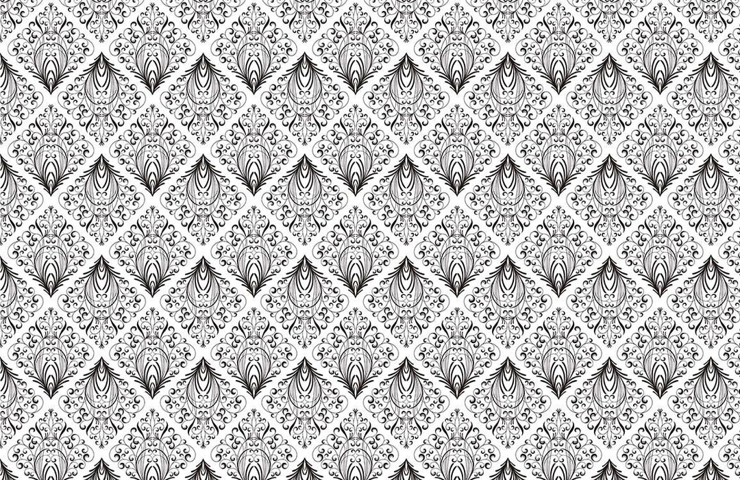 Elegant Monochrome Damask Pattern Wallpaper: Classic Black and White Design.