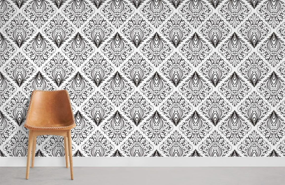 Elegant Monochrome Damask Wallpaper, brown chair, grey flooring in modern room setting. Classic black design.
