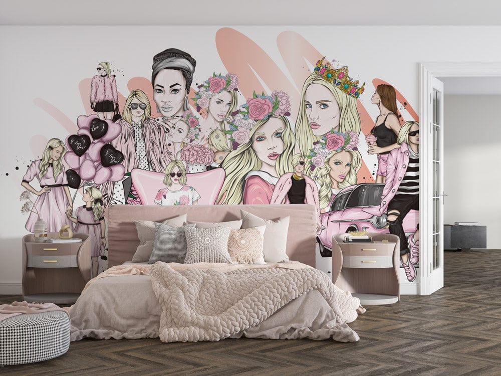 Chic Fashionista Mural Wallpaper in pastel pink bedroom, featuring stylish illustrations, grey herringbone flooring.
