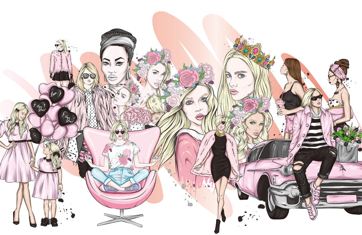 Chic Fashionista Pastel Pink Illustration Mural Wallpaper for Trendy Interiors