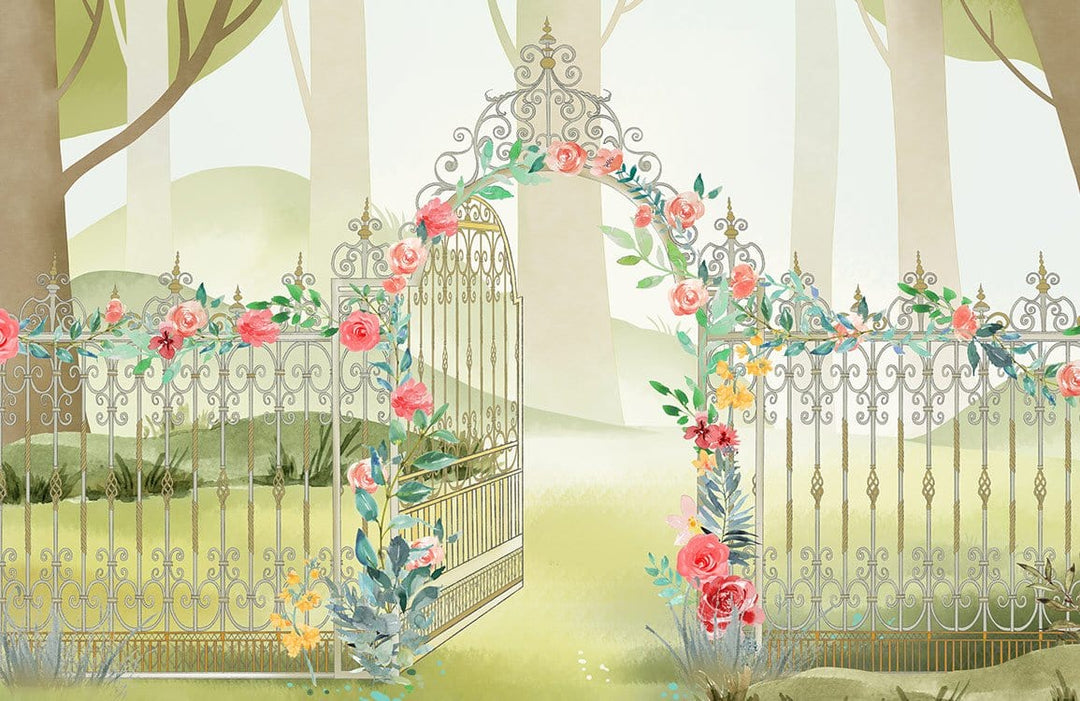 Enchanted Garden Gate Mural Wallpaper - Romantic Floral Pastel Elegance Decor