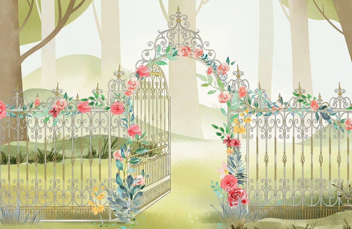 Enchanted Garden Gate Mural Wallpaper - Romantic Floral Pastel Elegance Decor