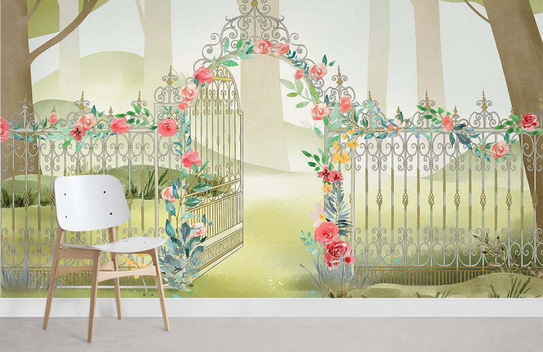 Enchanted Garden Gate Mural Wallpaper featuring floral design, white chair, light grey flooring in room.
