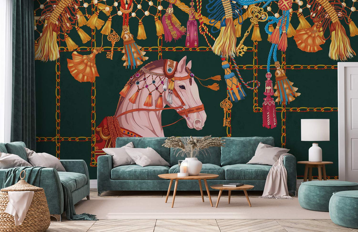 Green mural wallpaper with a regal horse and tassels, featuring luxe traditional design, teal sofas.