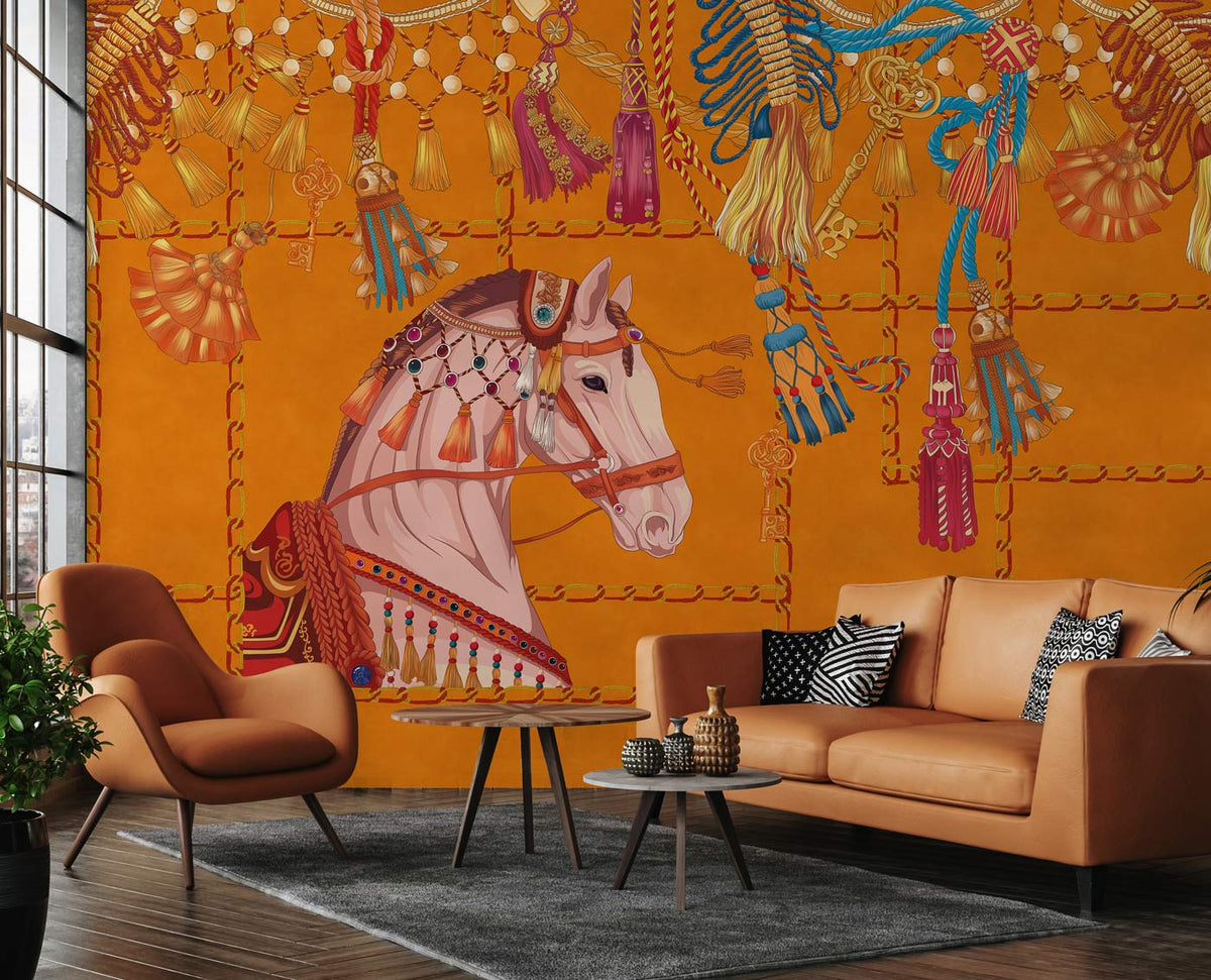 Vintage Equestrian Tapestry Orange Mural Wallpaper in living room, brown sofa, wooden flooring, stylish.