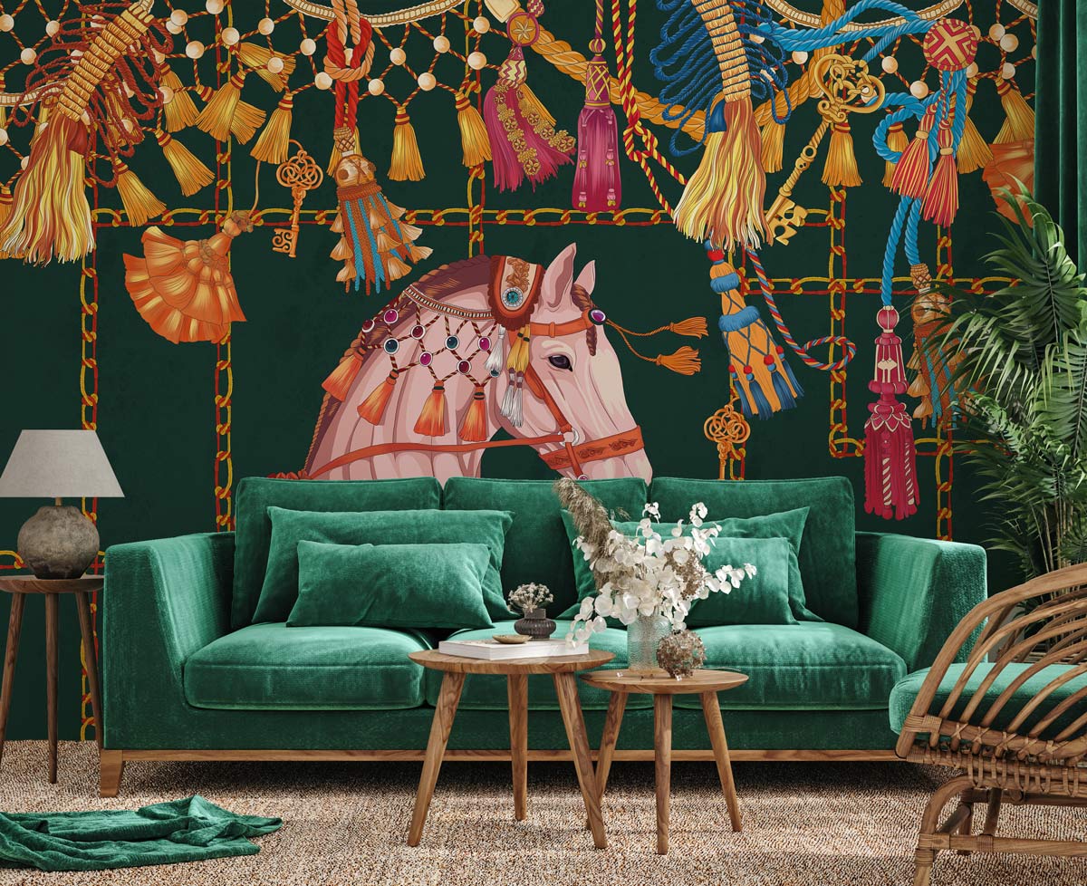 Green mural wallpaper with horse and tassels, velvet sofa, wood tables, rug, and elegant decor.