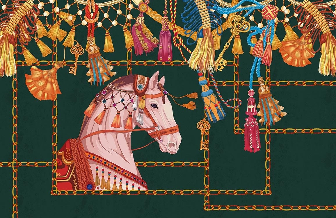 Regal Horse and Tassels Green Mural Wallpaper - Luxe Traditional Design