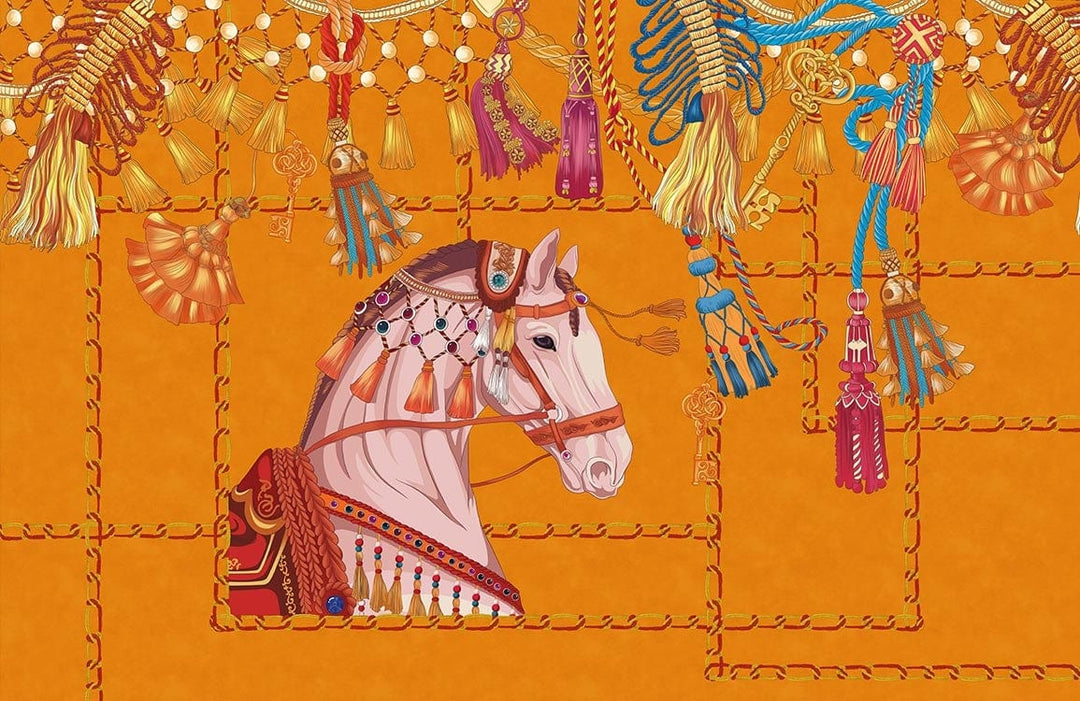Vintage Equestrian Tapestry Orange Mural Wallpaper with Tassel Accents Design