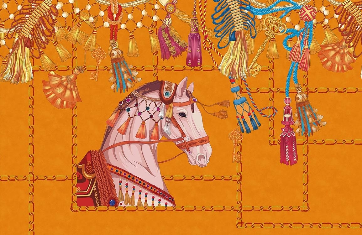 Vintage Equestrian Tapestry Orange Mural Wallpaper with Tassel Accents Design