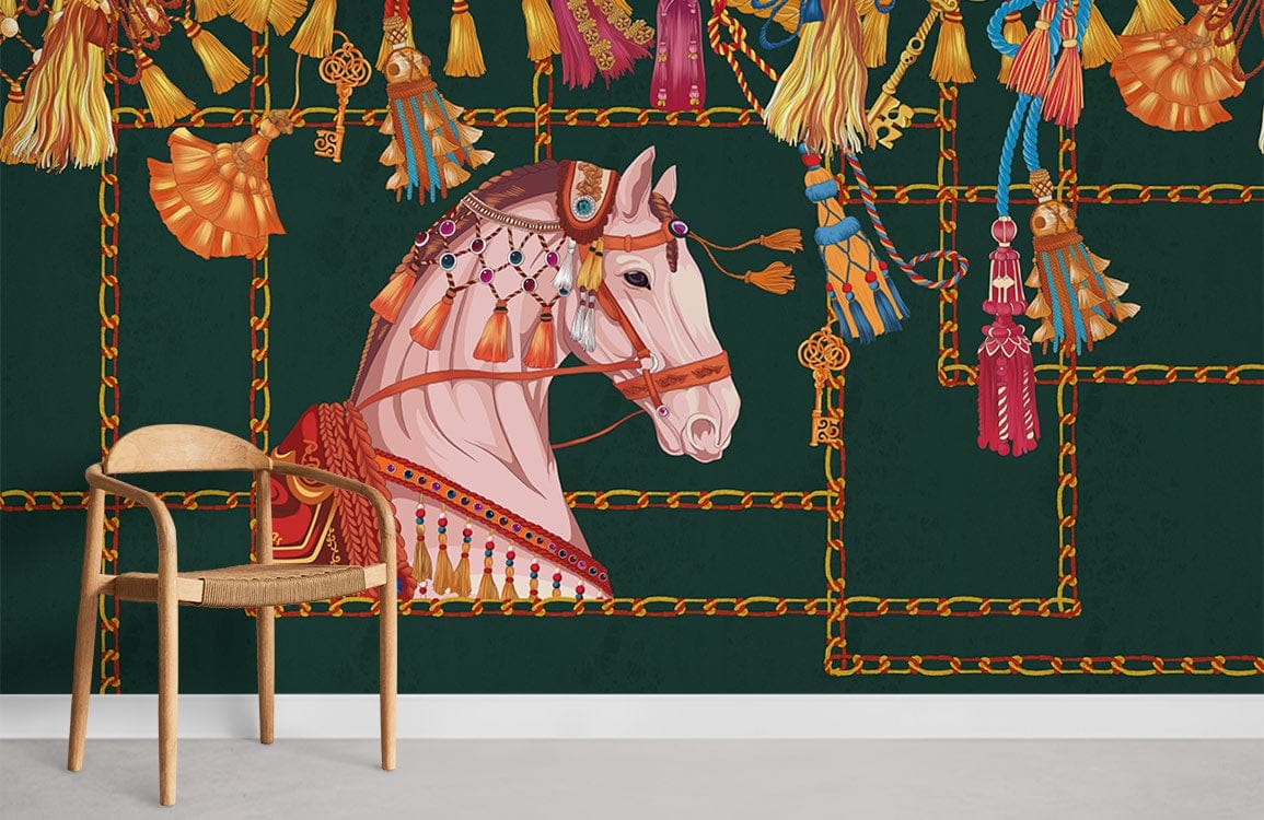 Regal Horse and Tassels Green Mural Wallpaper with wooden chair, elegant and traditional room decor.