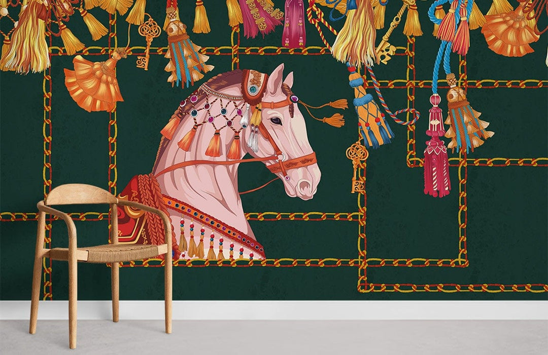 Regal Horse and Tassels Green Mural Wallpaper with wooden chair, elegant and traditional room decor.