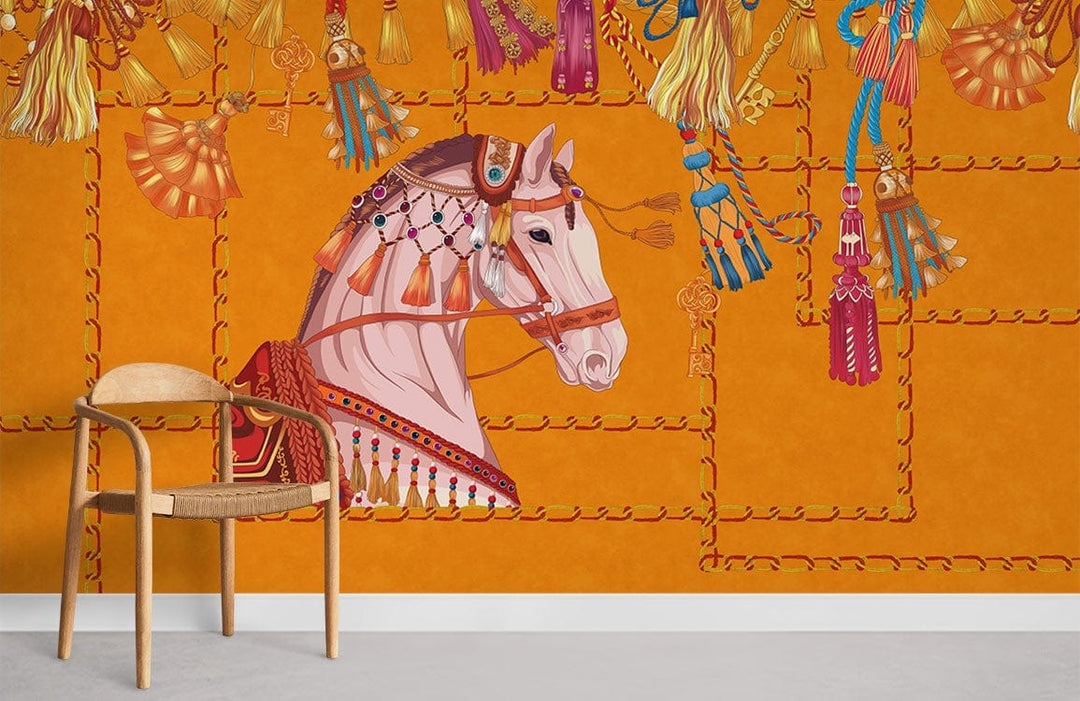 Orange equestrian tapestry wallpaper with tassels, featuring wooden chair, grey flooring, and horse design.