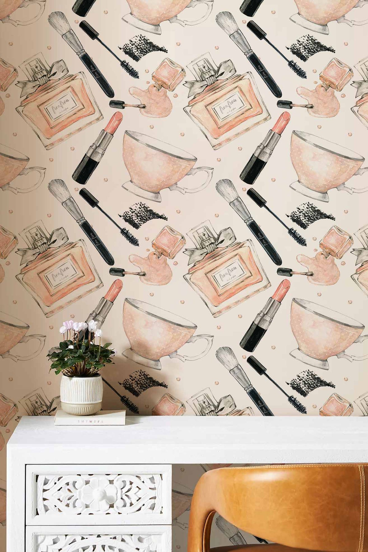 Elegant watercolour beauty essentials wallpaper, chic interior decor, white ornate desk, brown leather chair.
