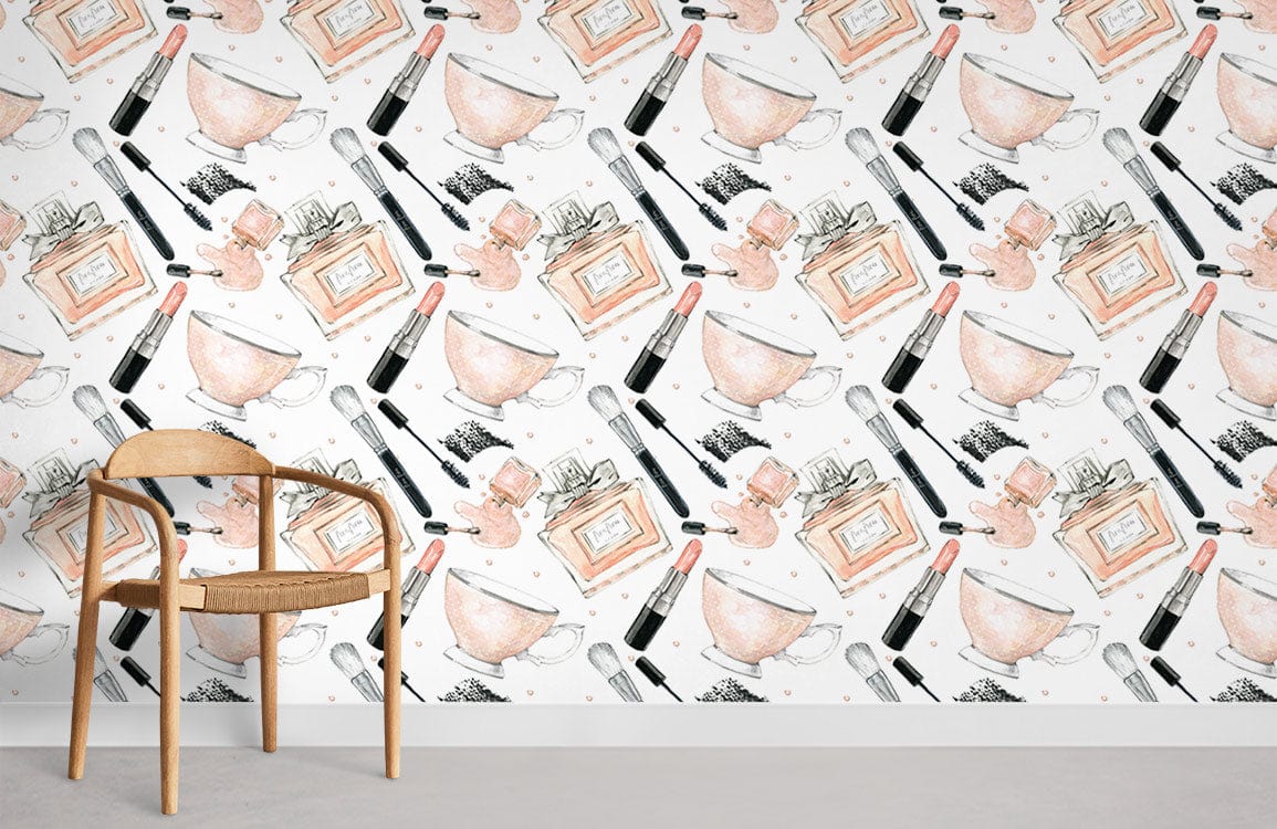 Elegant watercolour beauty essentials wallpaper enhancing chic interior; wooden chair, light grey flooring.