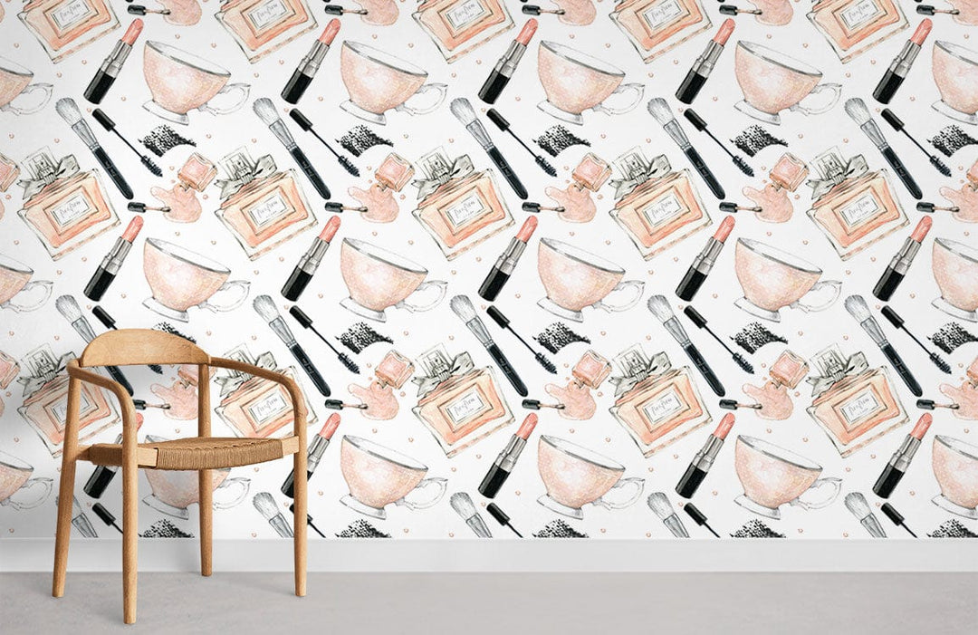 Elegant watercolour beauty essentials wallpaper enhancing chic interior; wooden chair, light grey flooring.