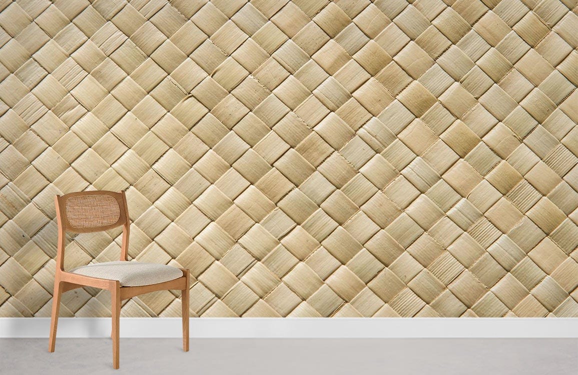 Beige natural woven bamboo wallpaper for rustic decor, featuring a wooden chair on grey floor.