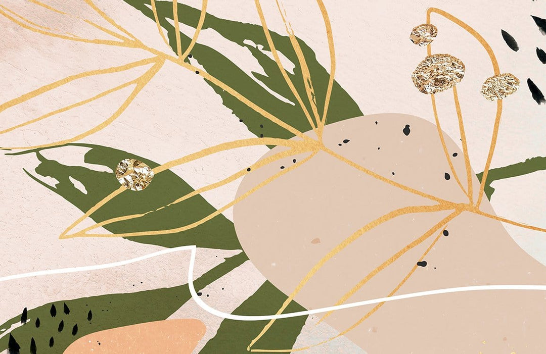 Abstract Botanical Green and Gold Modern Mural Wallpaper for Stylish Interiors