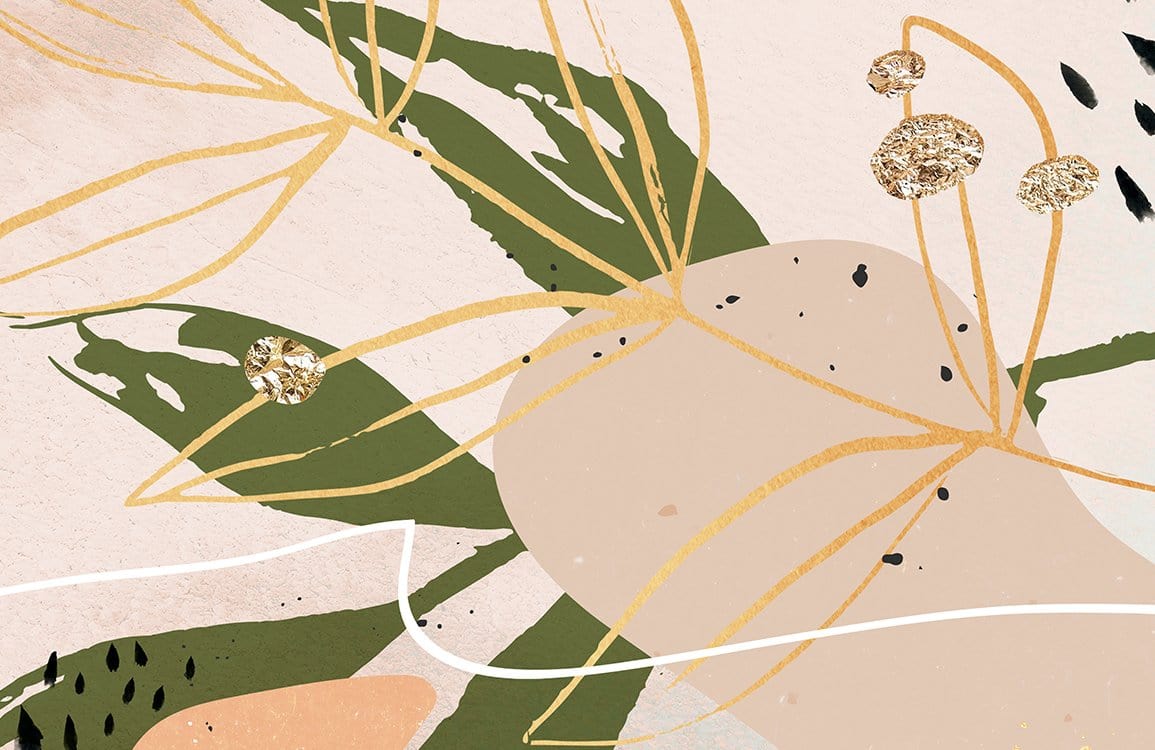 Abstract Botanical Green and Gold Modern Mural Wallpaper for Stylish Interiors