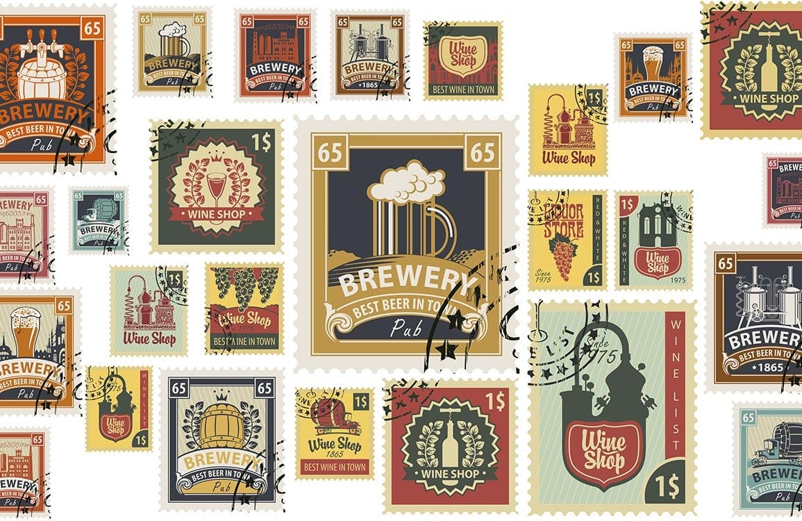 Vintage Beer and Wine Stamps Mural Wallpaper in Retro Colours