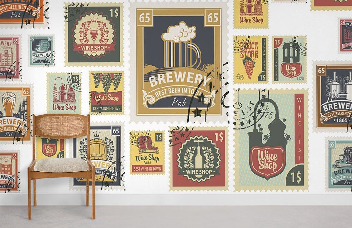 Vintage beer and wine stamps mural wallpaper with retro colours, featuring wooden chair, white wall.