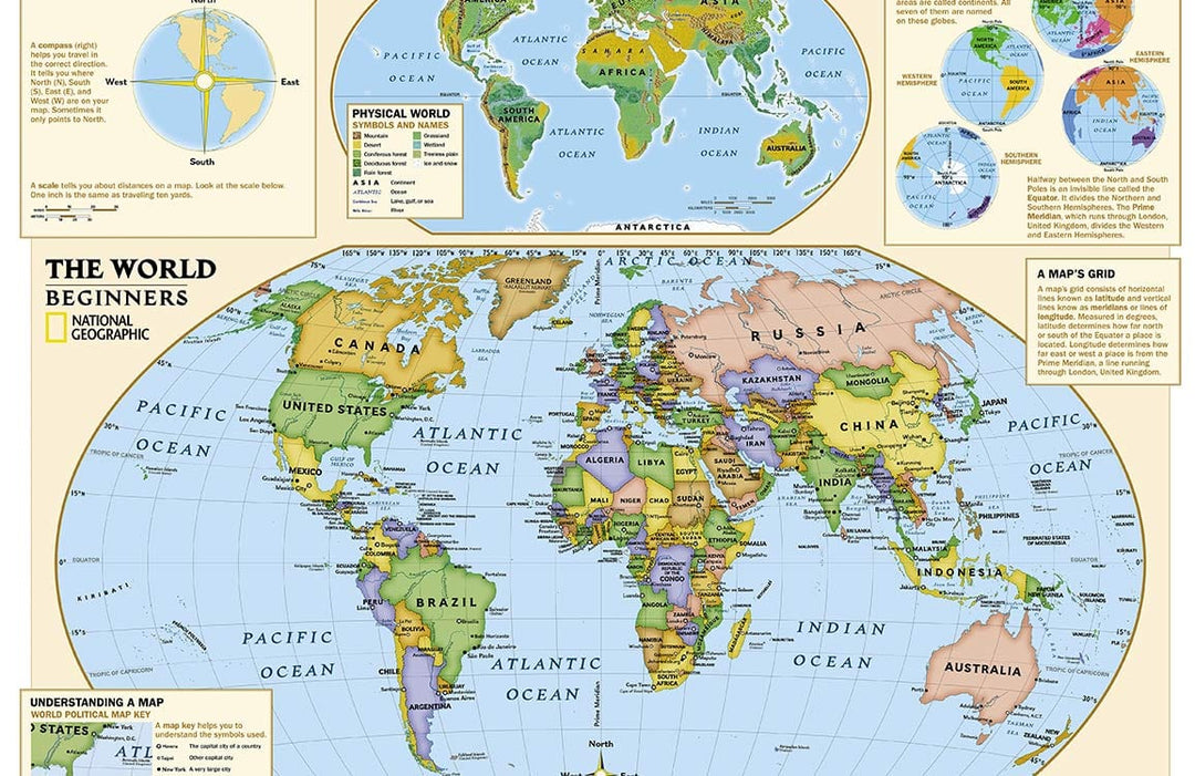 Educational World Map Mural Wallpaper - Vintage Style Multicoloured Design
