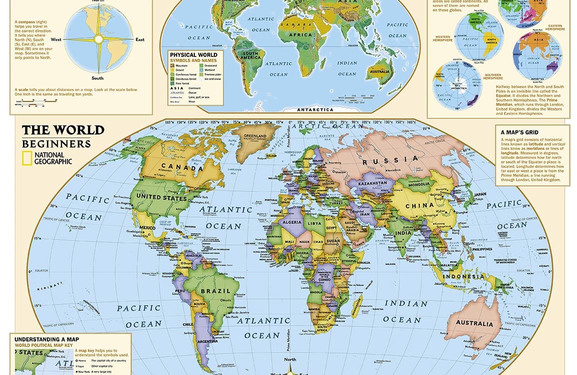 Educational World Map Mural Wallpaper - Vintage Style Multicoloured Design