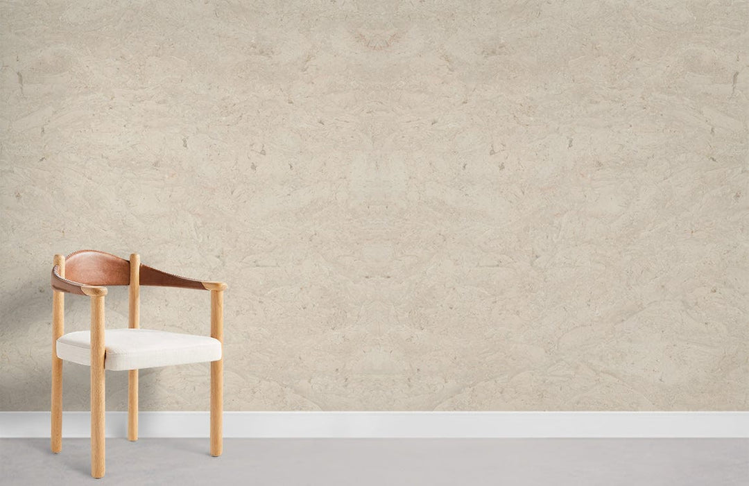Elegant beige textured marble effect wallpaper, contemporary chair, grey flooring in minimalist interior setting.