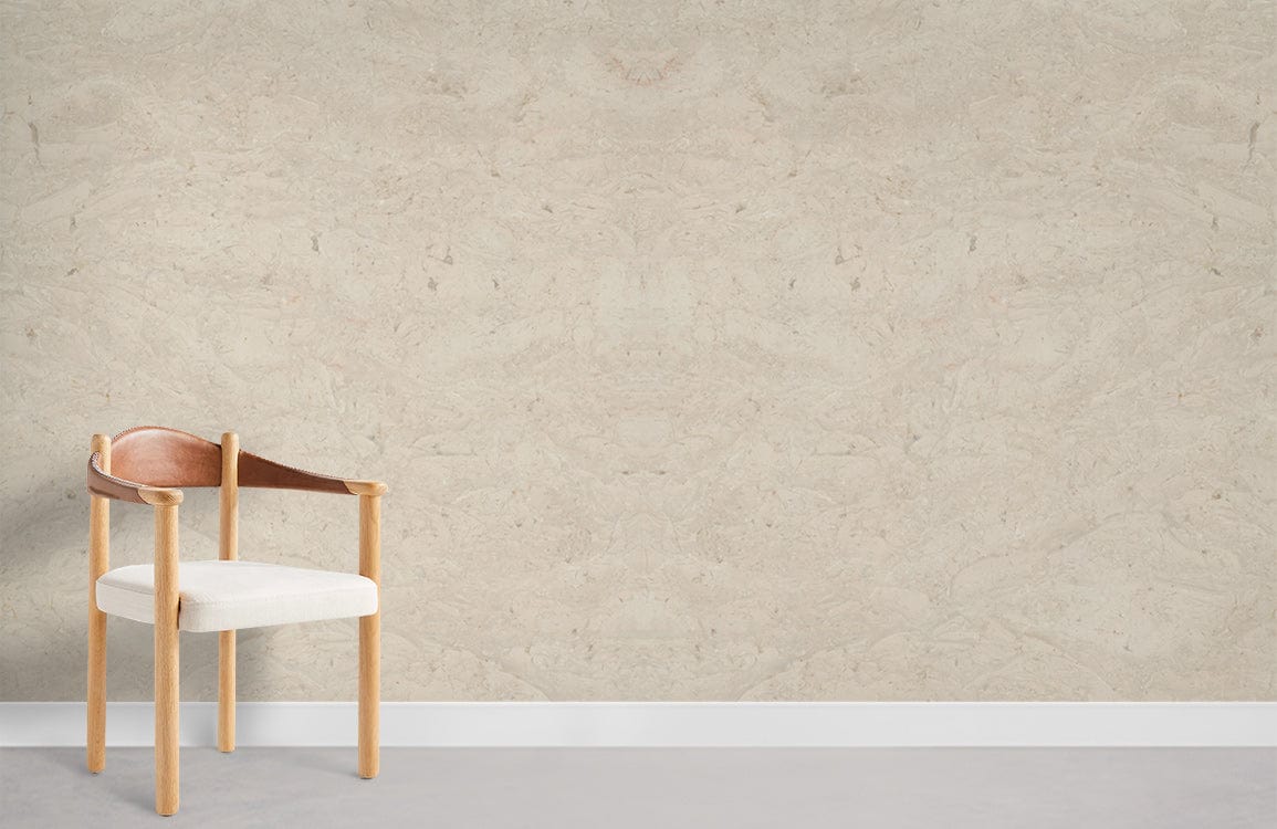 Elegant beige textured marble effect wallpaper, contemporary chair, grey flooring in minimalist interior setting.
