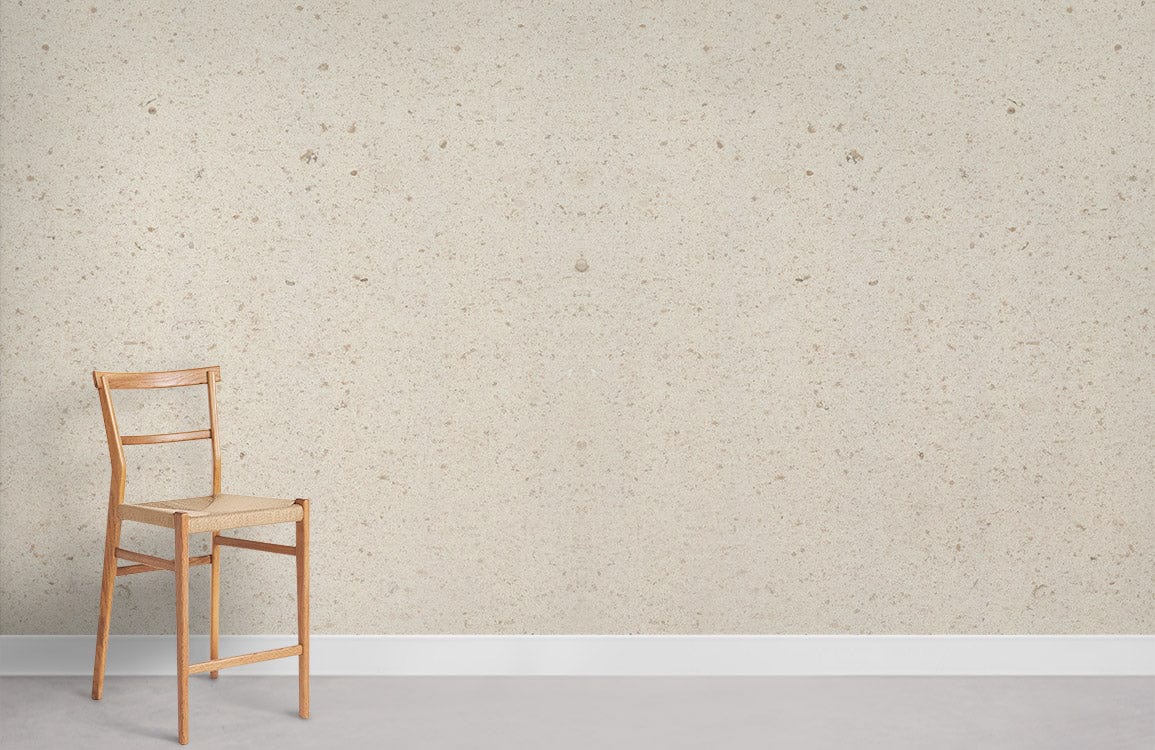 Elegant Cream Speckled Wallpaper with wooden chair, minimalist design, light grey flooring.