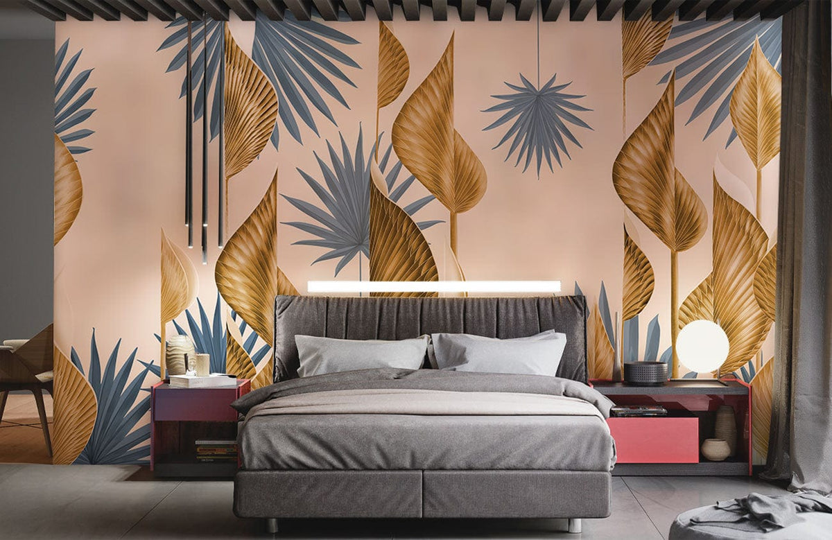 Elegant blue and gold botanical wallpaper in stylish bedroom with grey bed and modern decor.