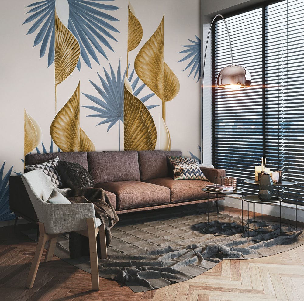 Elegant blue and gold leaf wallpaper in stylish lounge, brown sofa, herringbone wood flooring, pendant lamp.