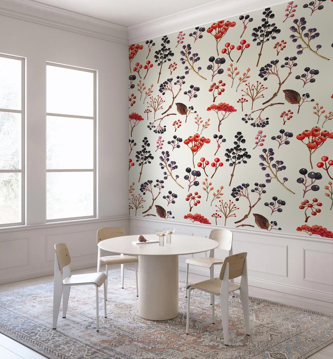 Dining room with Botanical Berry Bliss floral wallpaper, round white table, wooden chairs, patterned rug.