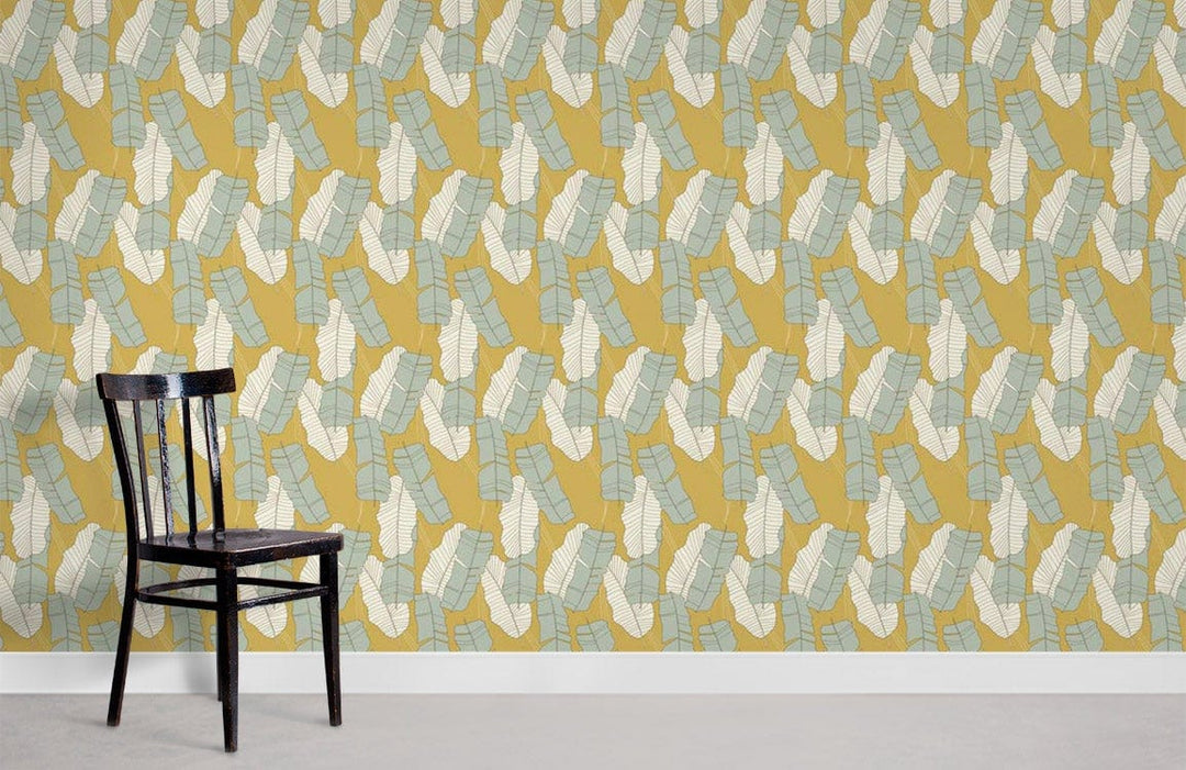 Vintage mustard and aqua geometric wallpaper in retro interior with black wooden chair, grey flooring.