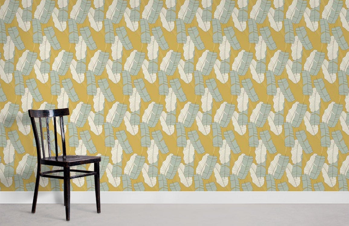 Vintage mustard and aqua geometric wallpaper in retro interior with black wooden chair, grey flooring.