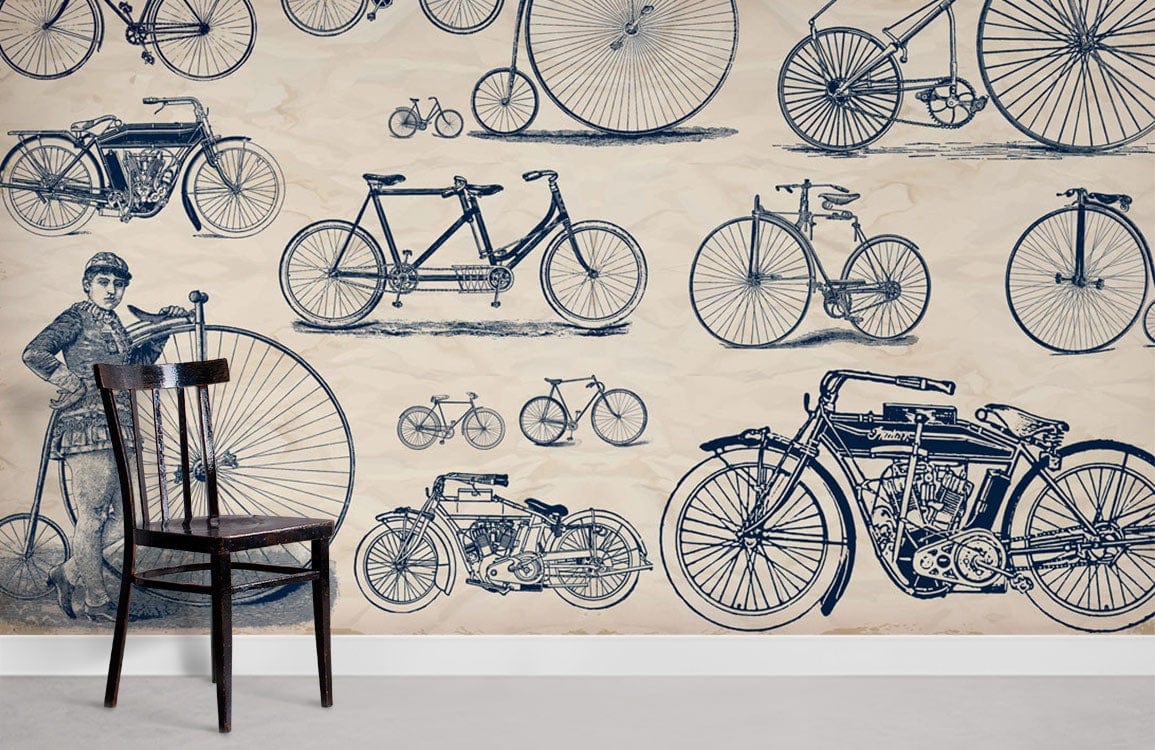 Vintage Bicycle Sketches Wallpaper on cream; retro style, wooden chair, white skirting, grey flooring.